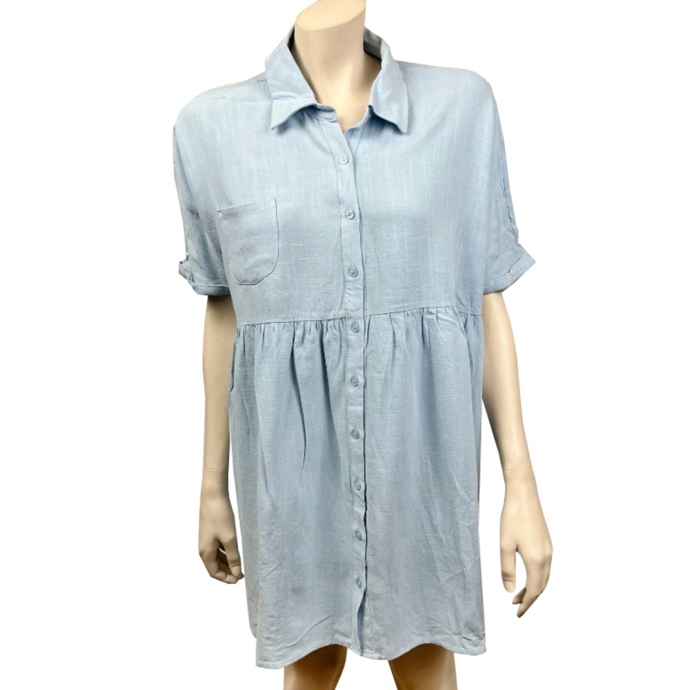 Vestique Light Blue Linen Blend‎ Button Front Shirt Dress